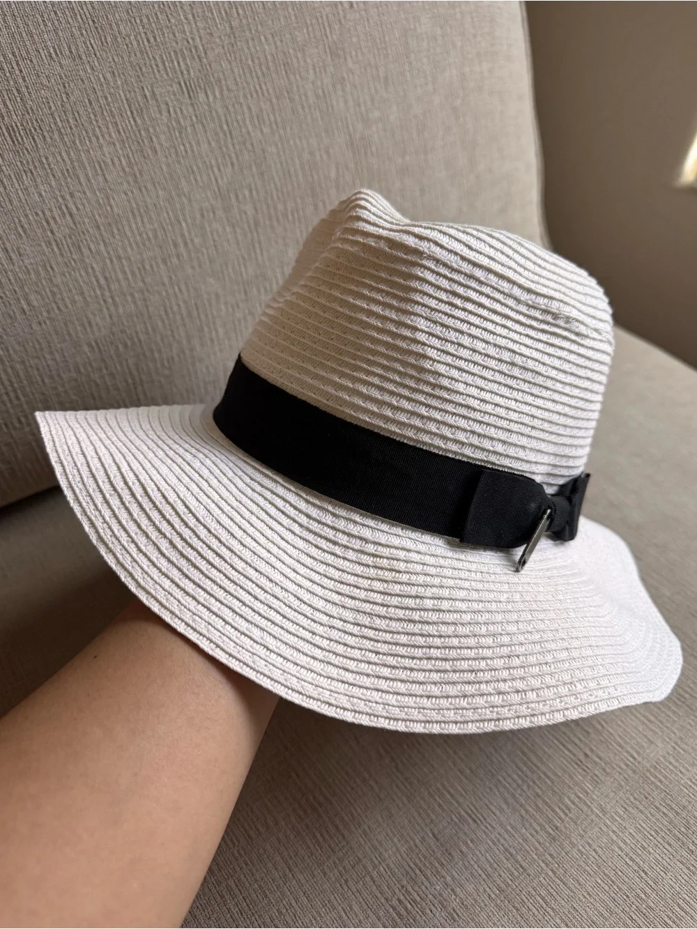 Straw Fedora Sun Hat with Black Ribbon Accent - Excellent Condition